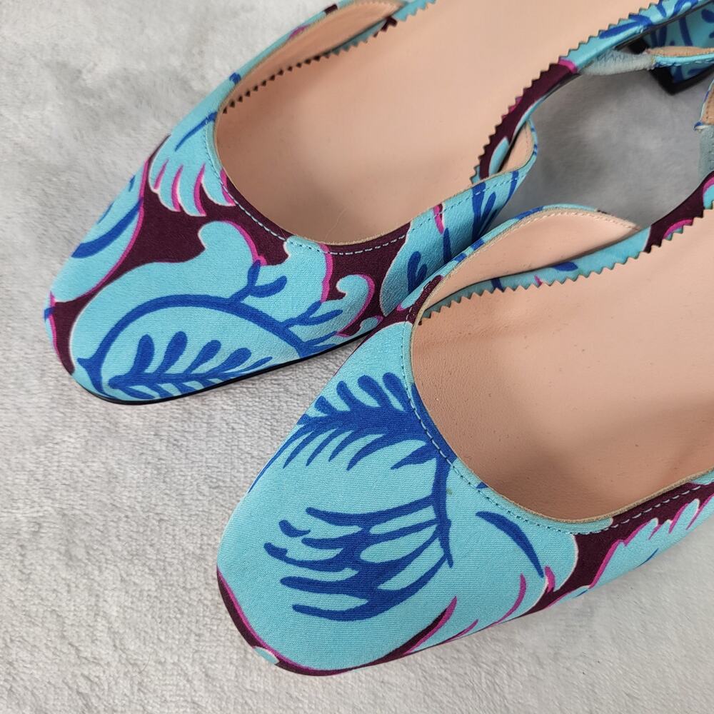 J.Crew Floral Slingback Heels Blue Purple Fabric Pumps Pointed Toe | 5.5 - Picture 7 of 15